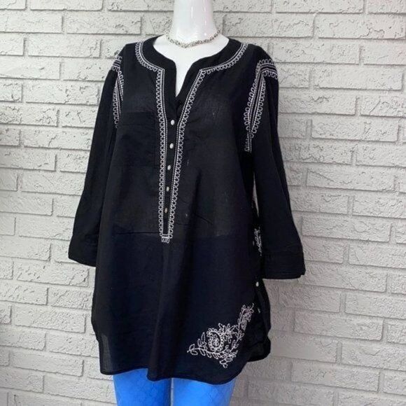 Intro Casual Elegance Cotton Embroidered Black Cotton Shirt Size M - Picture 1 of 14